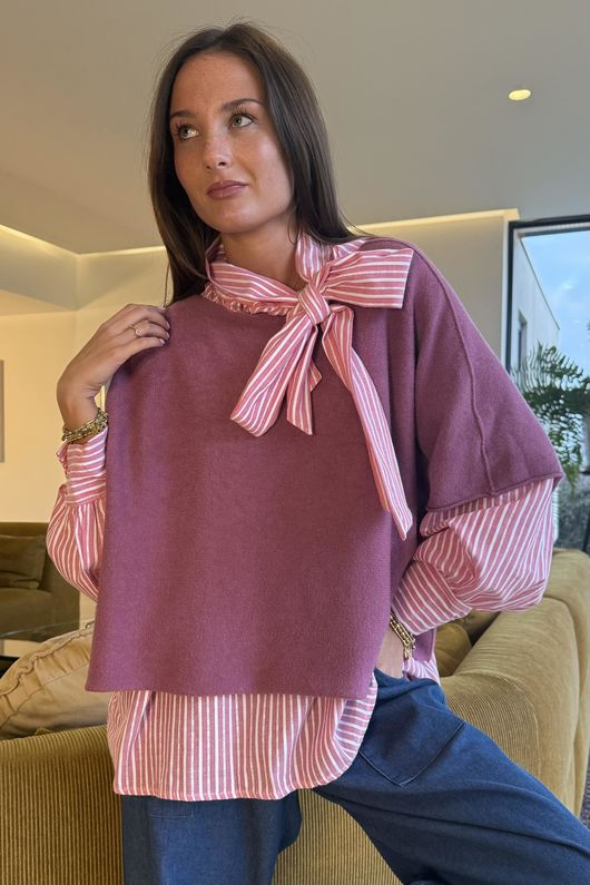 Nantucket Stripe Tie Neck Blouse Soft Red